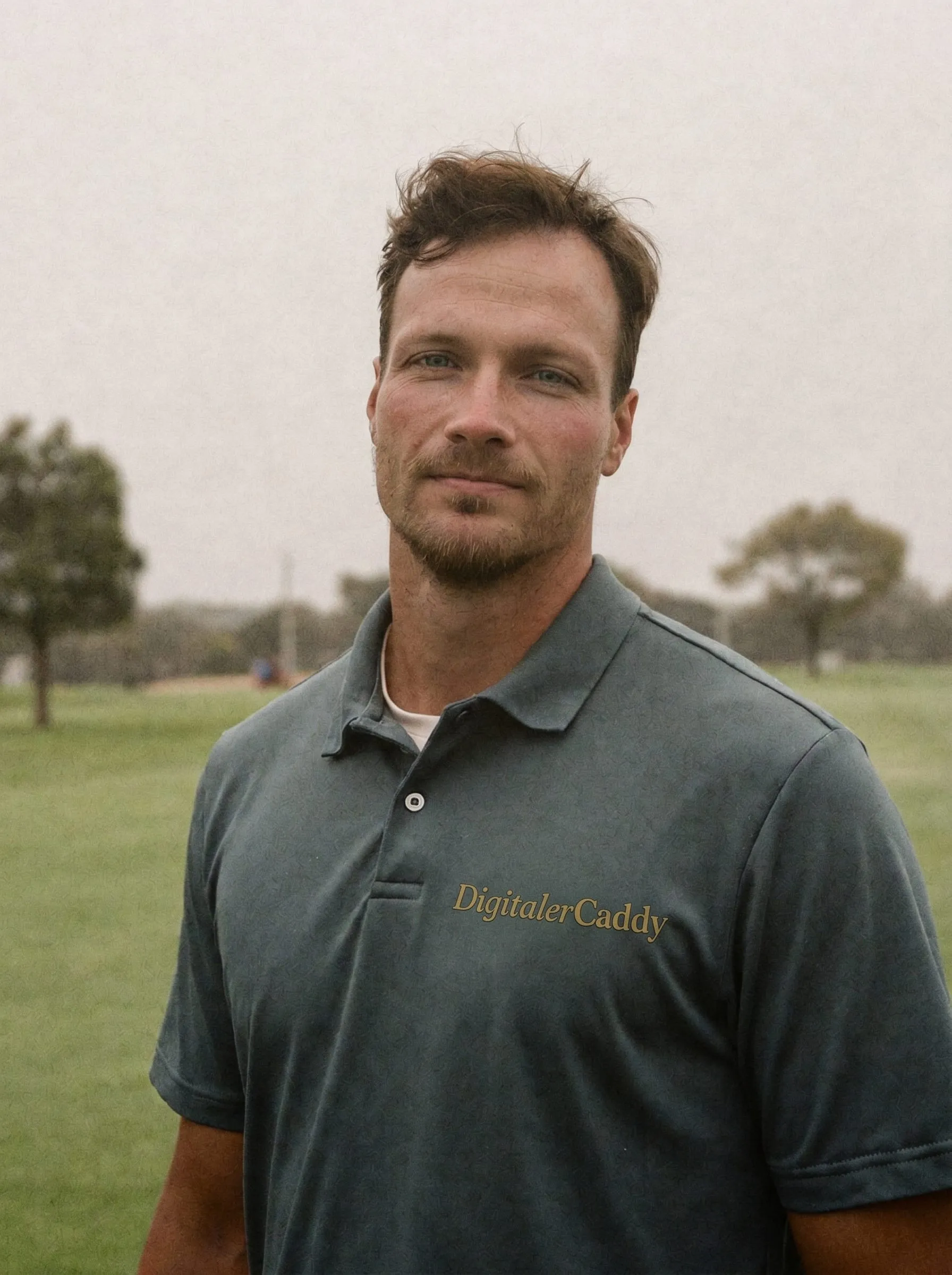 Timo Grützediek, Gründer von DigitalerCaddy, im DigitalerCaddy-Polo auf dem Golfplatz.