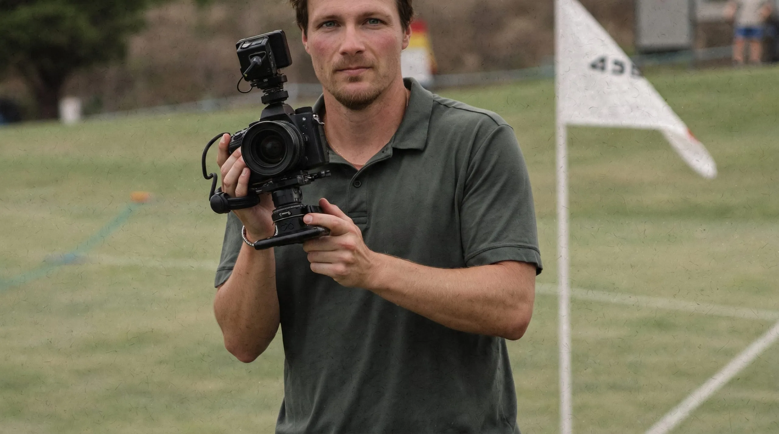 Timo Grützediek filmt mit einer Kamera auf dem Golfplatz.