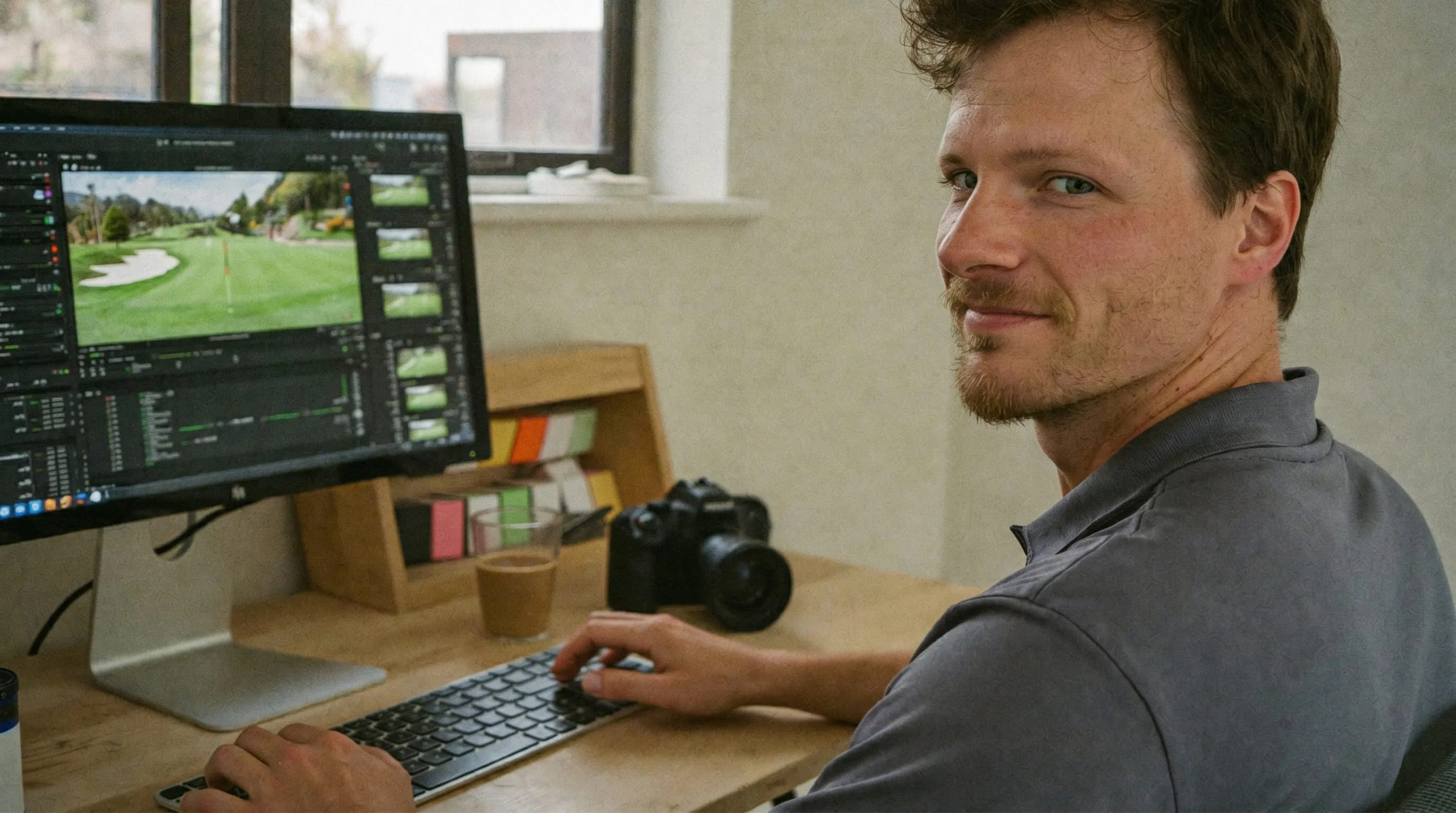 Timo Grützediek schneidet Golf-Videos am Computer.